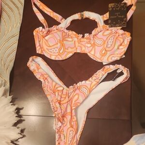 Pink Orange Patterned Ruffle Bikini Set